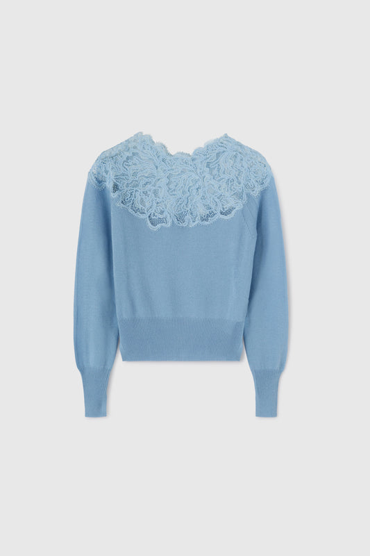 Light blue pure cashmere sweater with lace