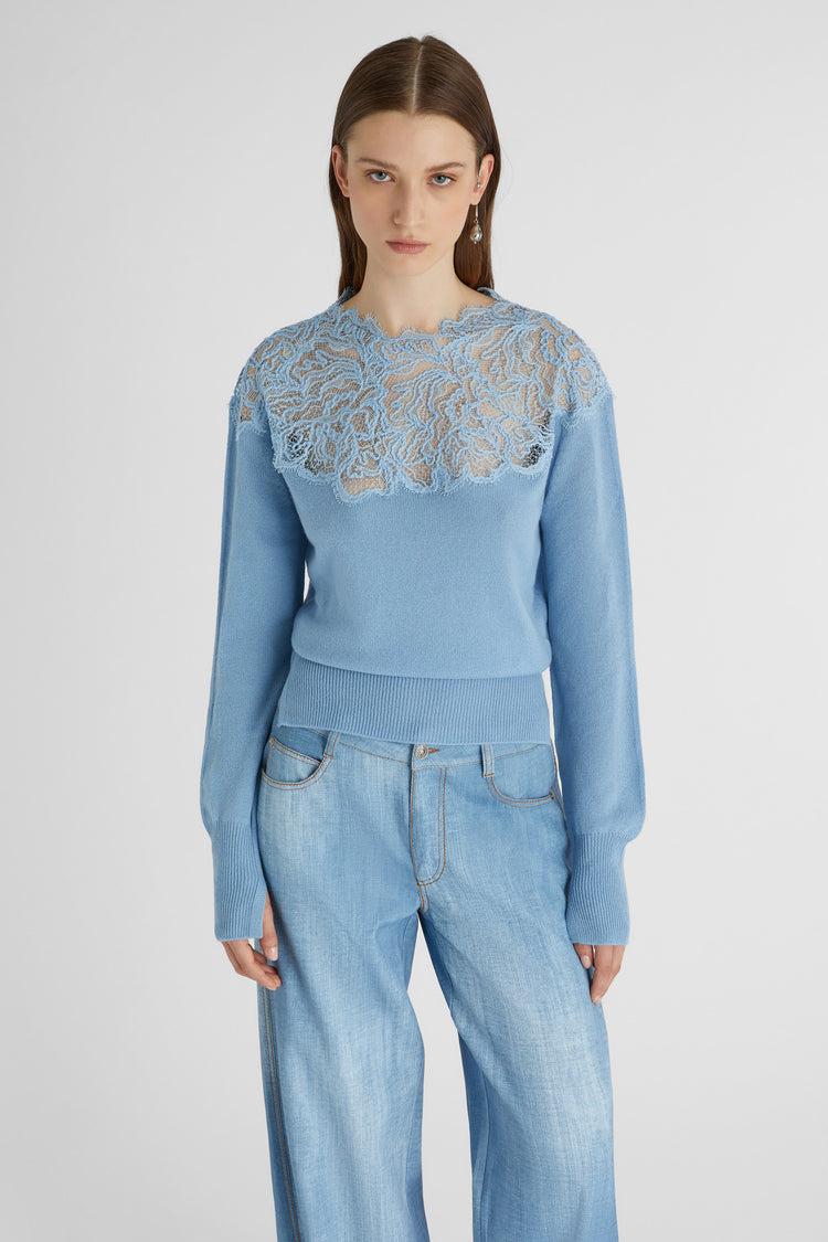 Light blue pure cashmere sweater with lace