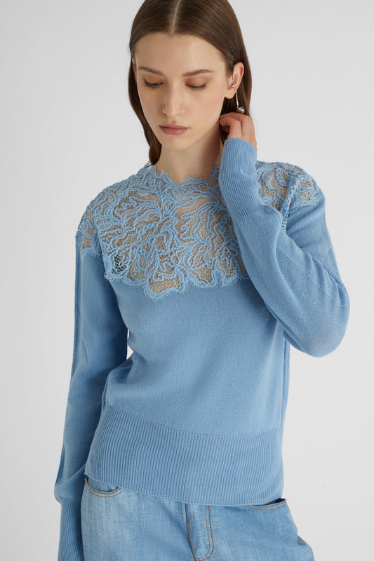 Light blue pure cashmere sweater with lace