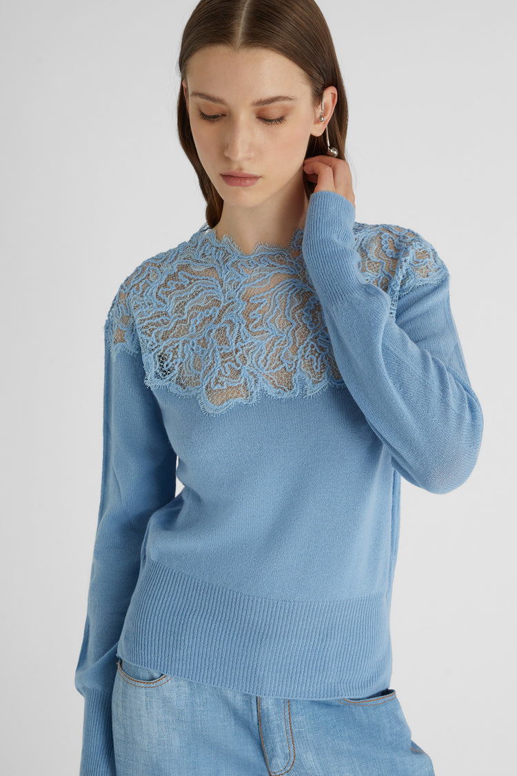 Light blue pure cashmere sweater with lace