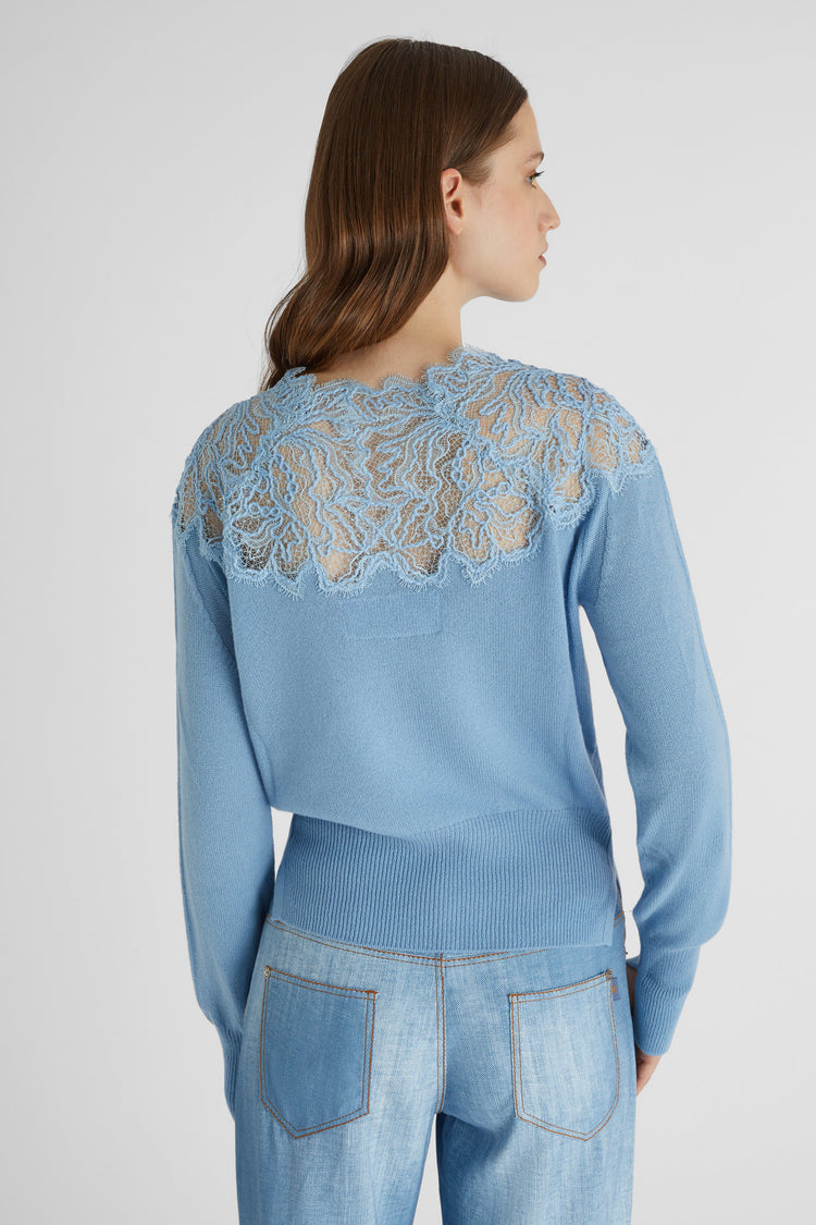 Light blue pure cashmere sweater with lace