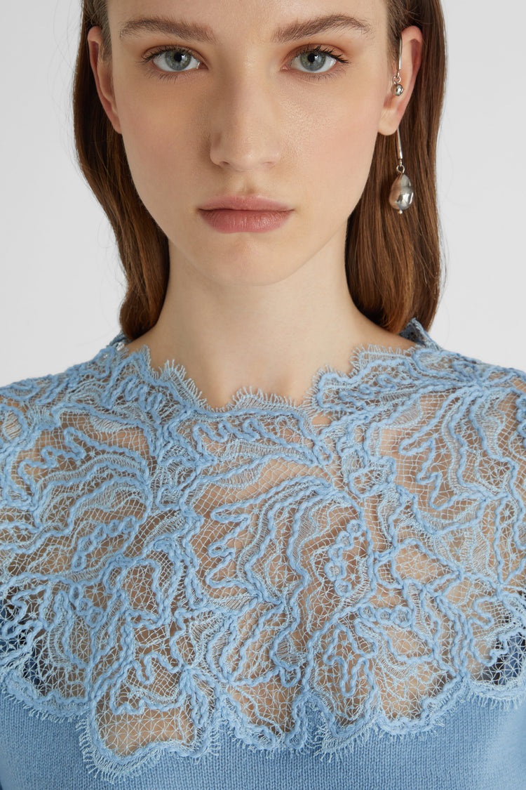 Light blue pure cashmere sweater with lace