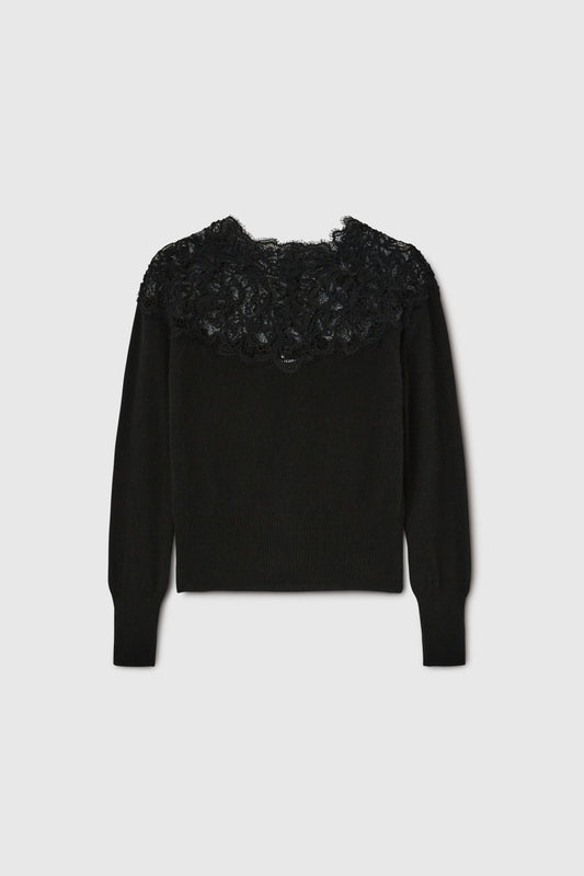 Black pure cashmere sweater with lace