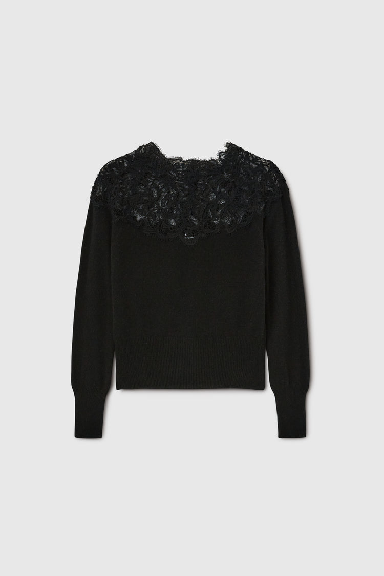 Black pure cashmere sweater with lace