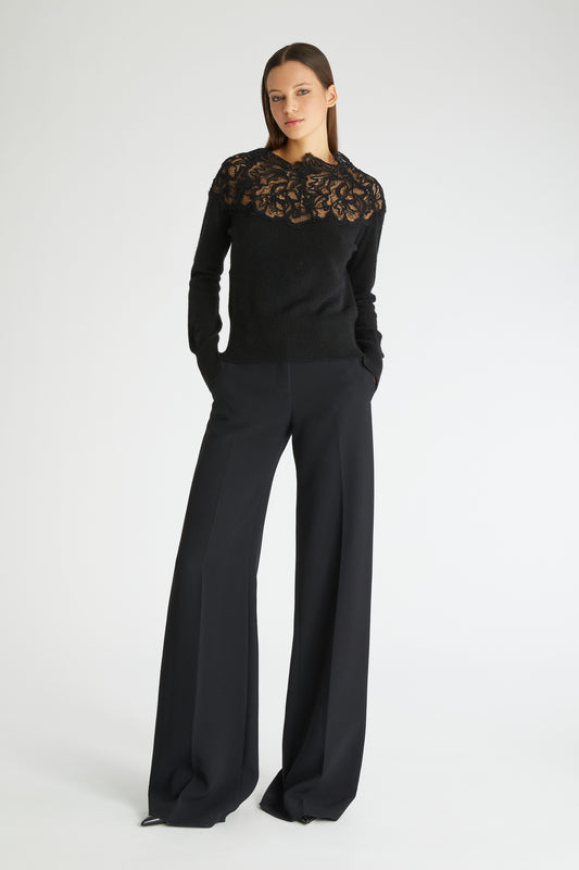 Black pure cashmere sweater with lace