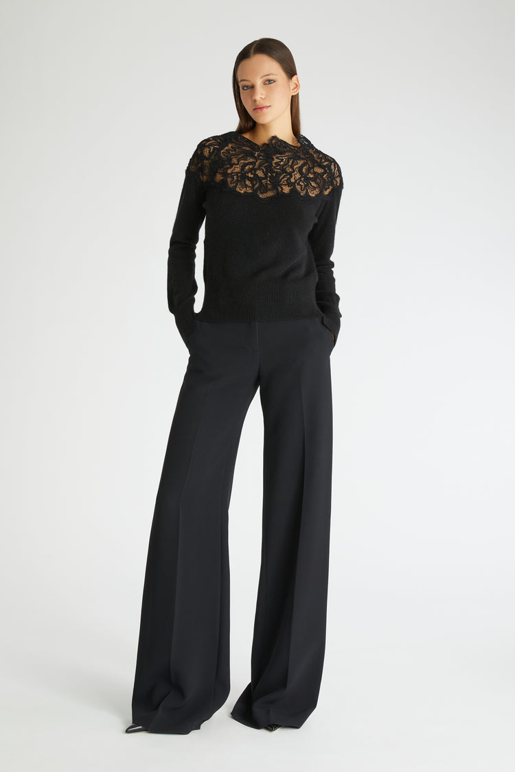 Black pure cashmere sweater with lace