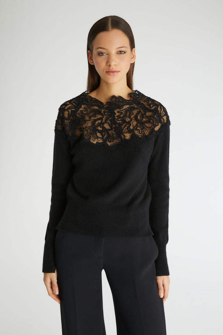 Black pure cashmere sweater with lace
