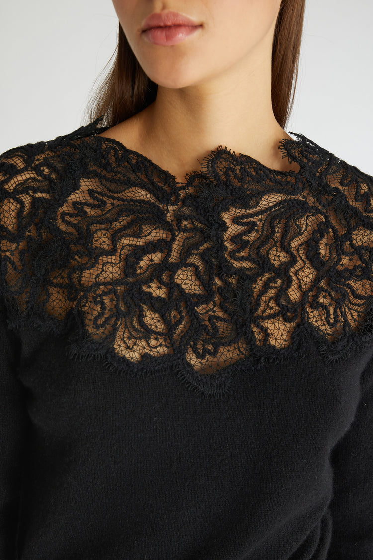 Black pure cashmere sweater with lace