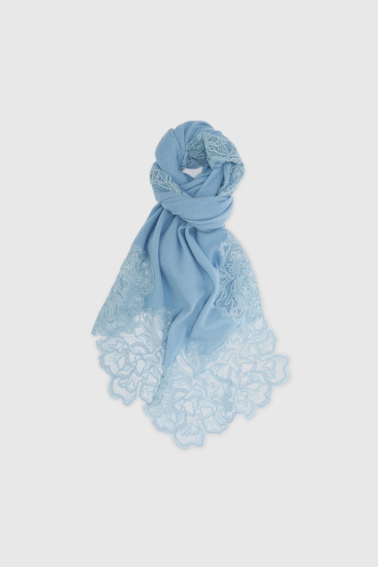 Bleu clair pure cashmere stole with lace