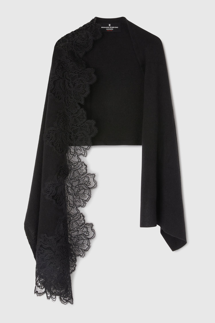 Black pure cashmere stole with lace
