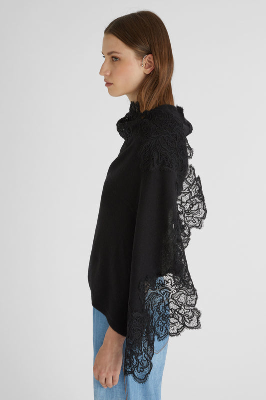 Stola nera in puro cashmere con pizzo