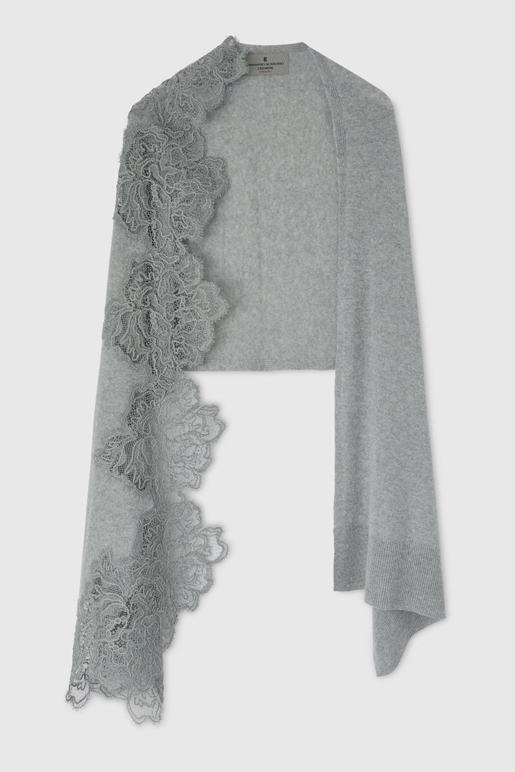 Gray pure cashmere stole with lace