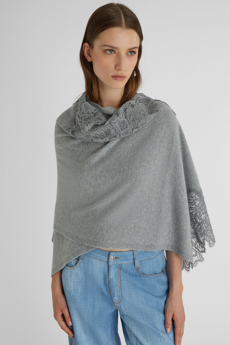 Gray pure cashmere stole with lace