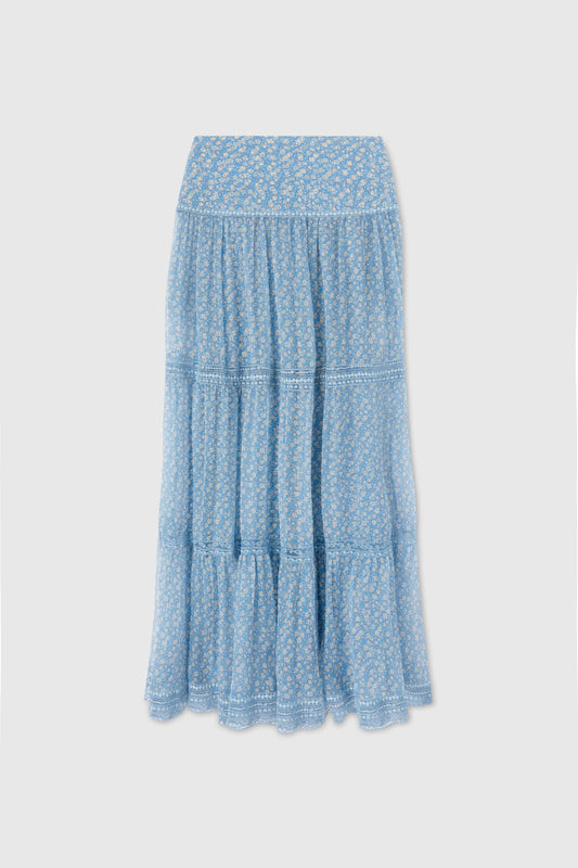 Pure silk long skirt with micro flower print and valencienne lace