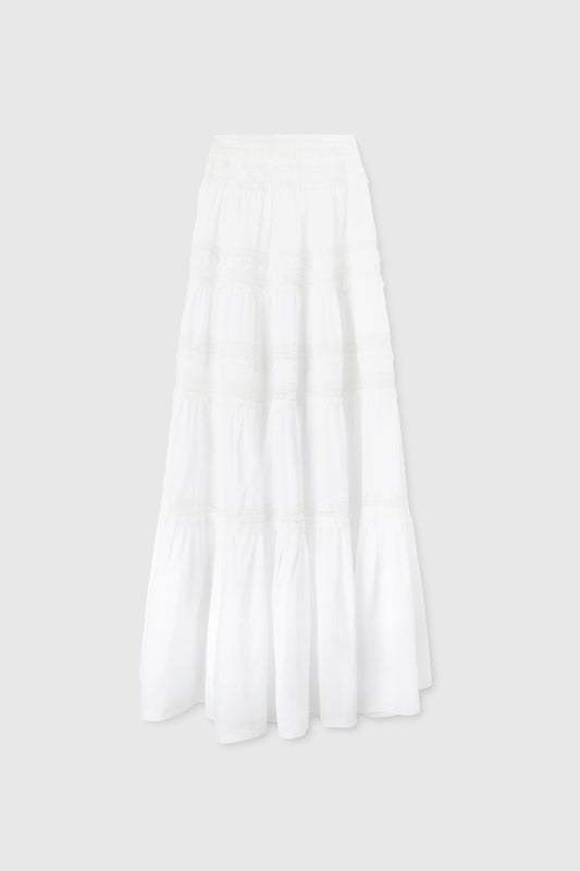 Long skirt in cotton muslin with flounces and valencienne lace appliques, jour and scallop embroidery