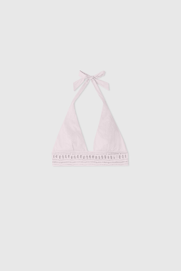 Triangle top with halter neckline and matching sangallo detail and floral embroidery