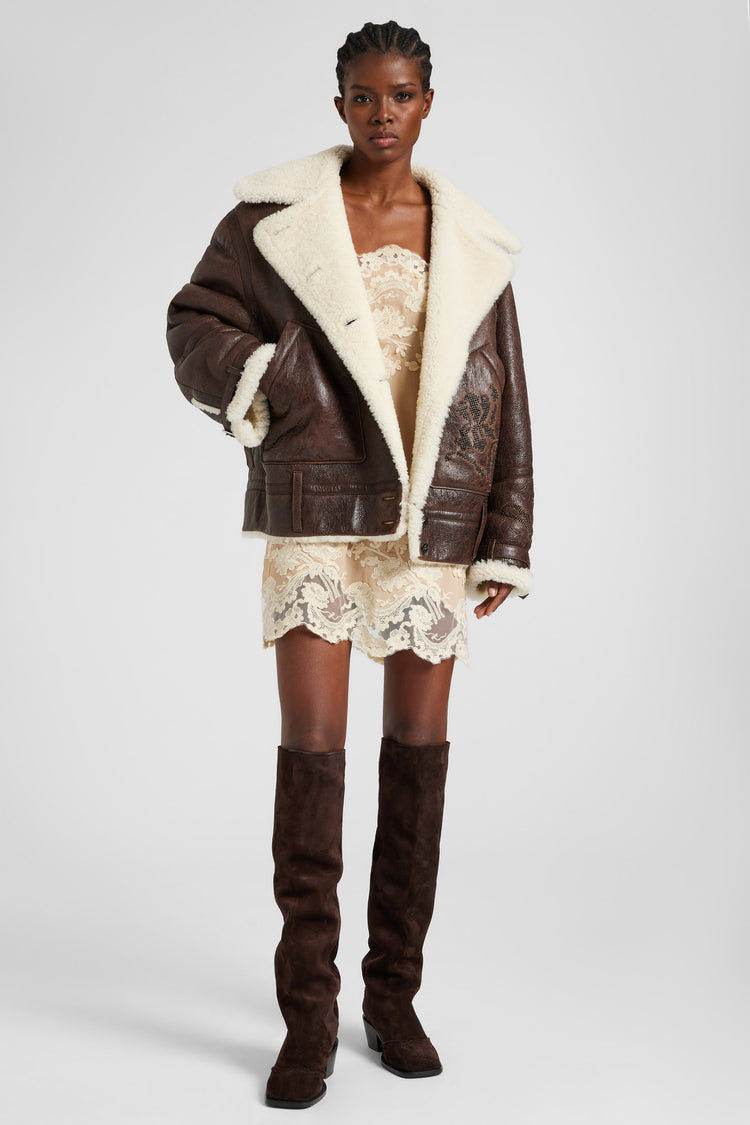 Embroidered oversize shearling jacket