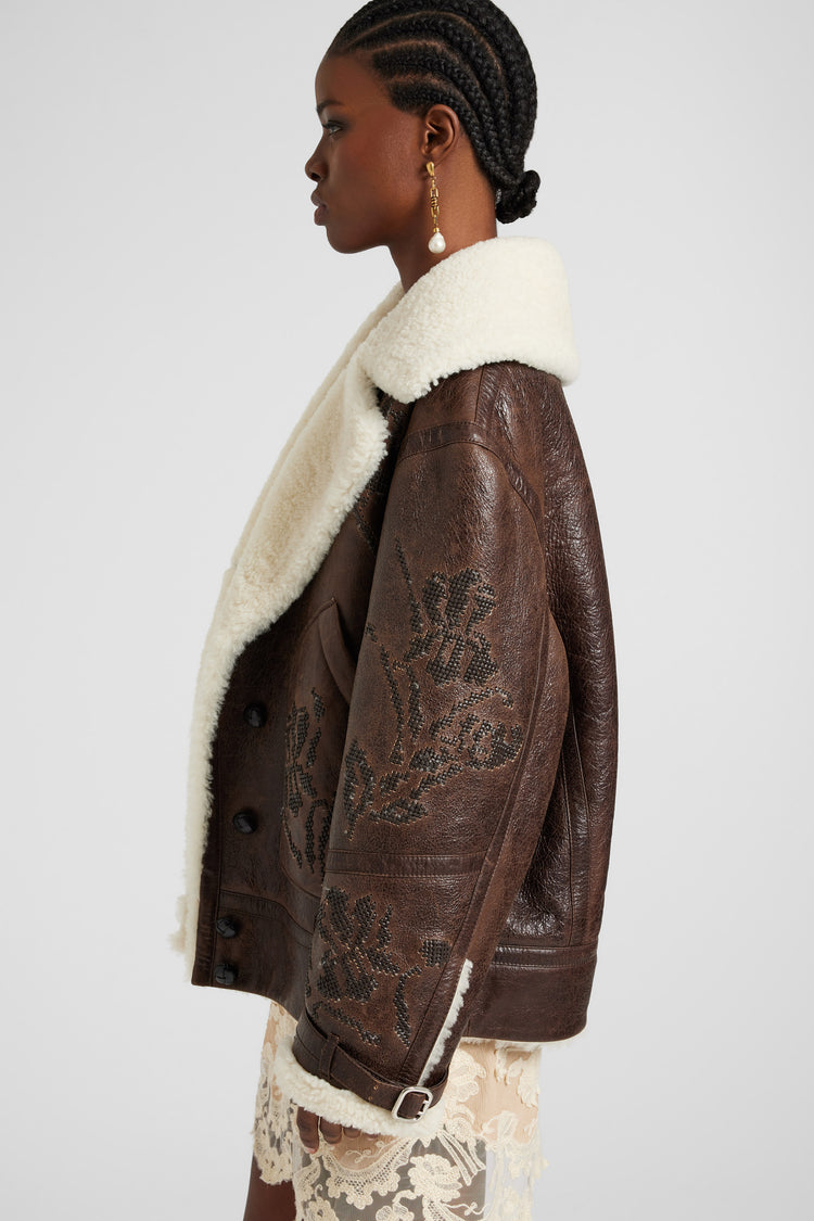 Embroidered oversize shearling jacket