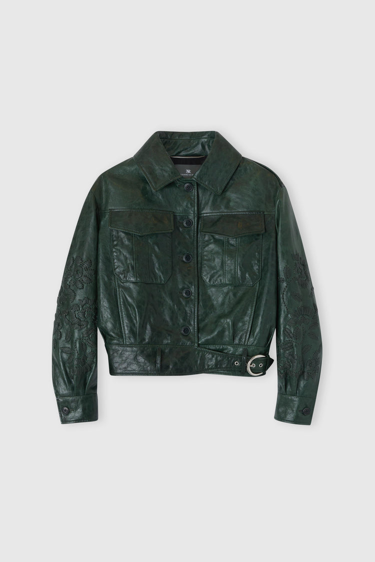 Giacca monopetto in pelle con tasche frontali e ricami floreali realizzati a mano