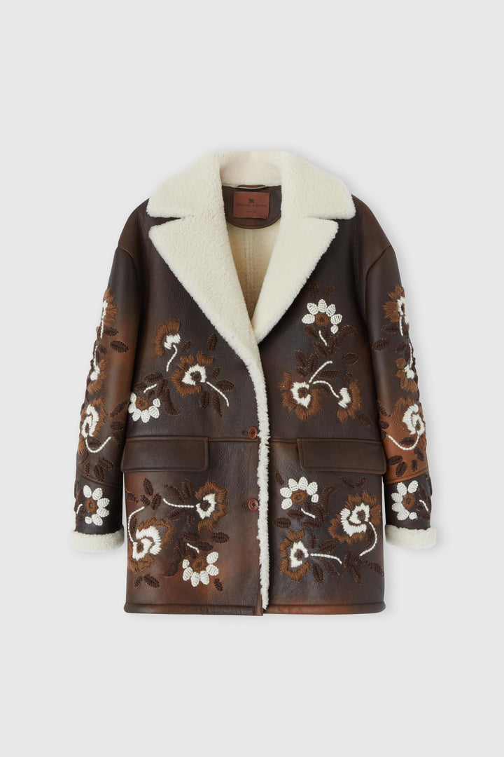 Single-breasted shearling with handmade wool thread floral embroidery