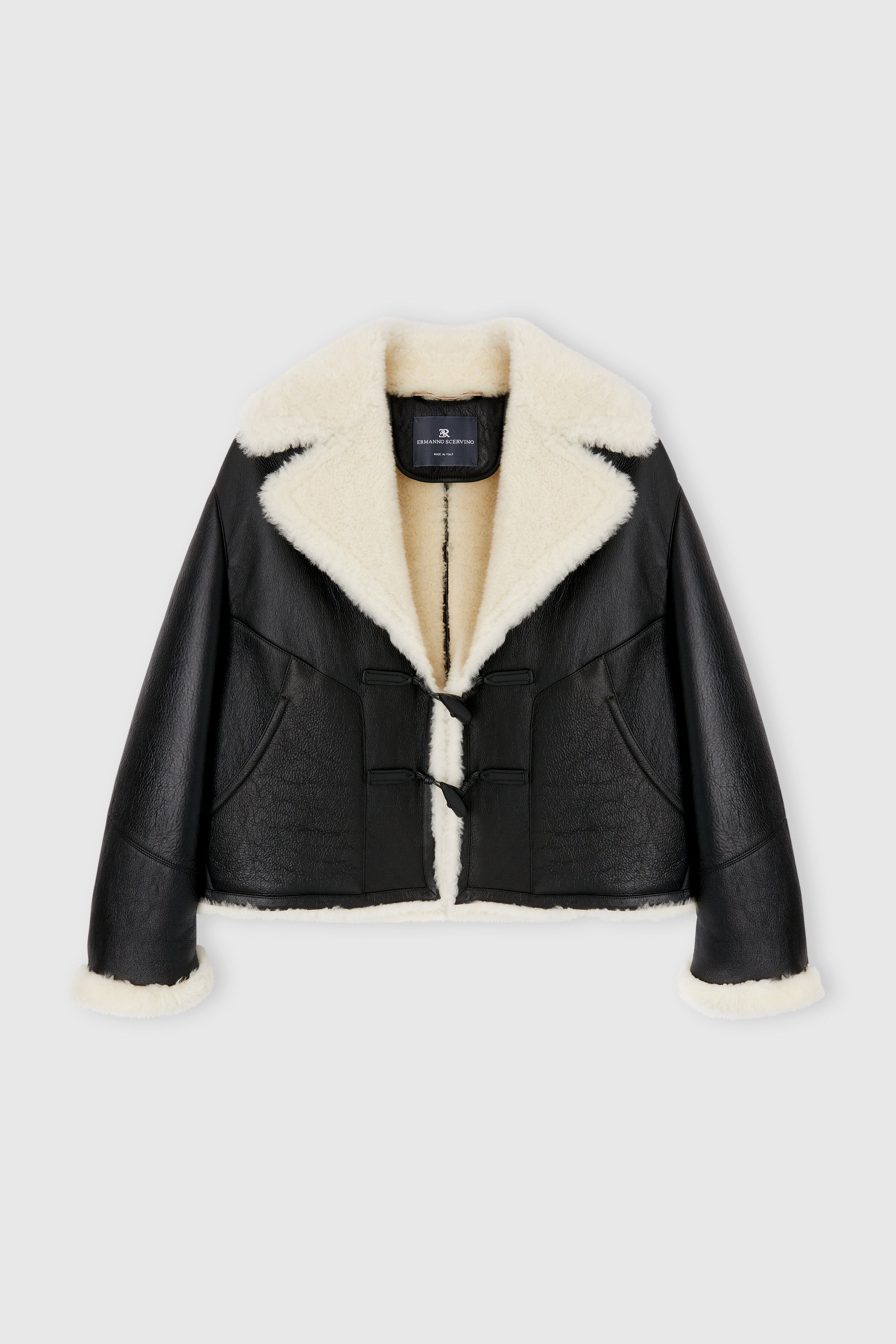 Oversize shearling jacket with contrast details in two-tone