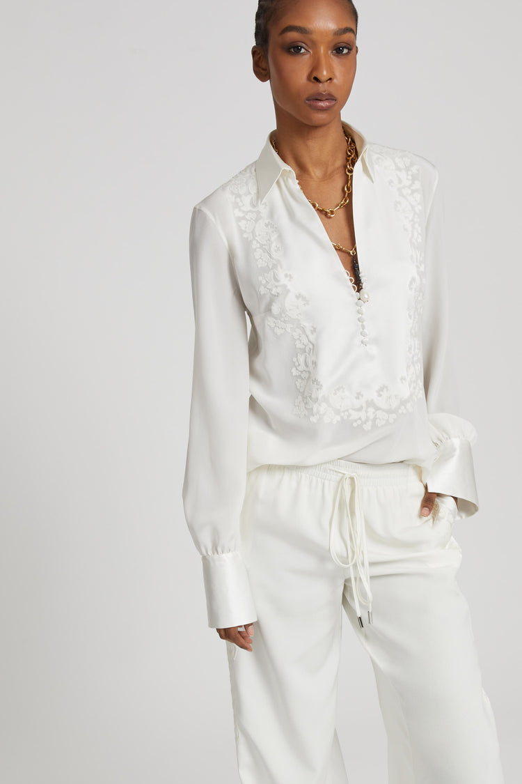 Silk blouse with hand-carved embroidery