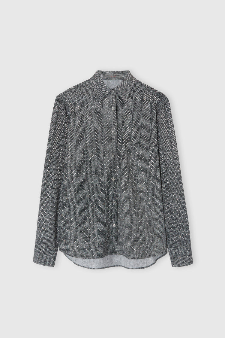 Viscose shirt with hand-applied crystals and herringbone pattern in shades of beige