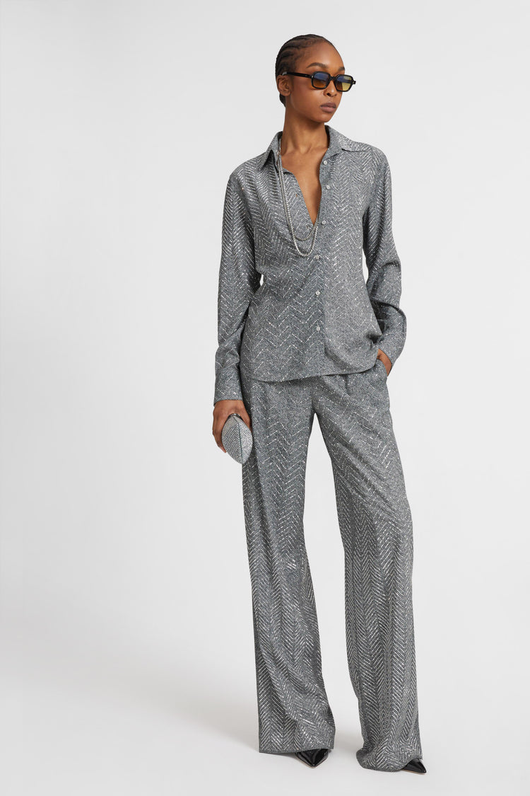 Viscose shirt with hand-applied crystals and herringbone pattern in shades of beige