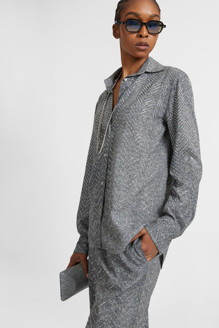 Viscose shirt with hand-applied crystals and herringbone pattern in shades of beige