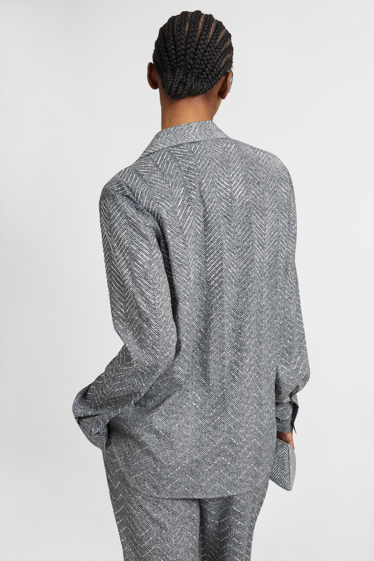 Viscose shirt with hand-applied crystals and herringbone pattern in shades of beige