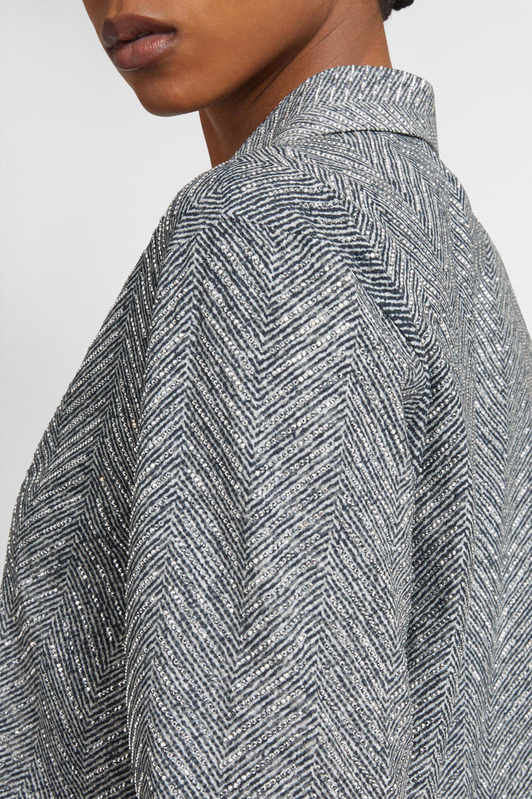 Viscose shirt with hand-applied crystals and herringbone pattern in shades of beige