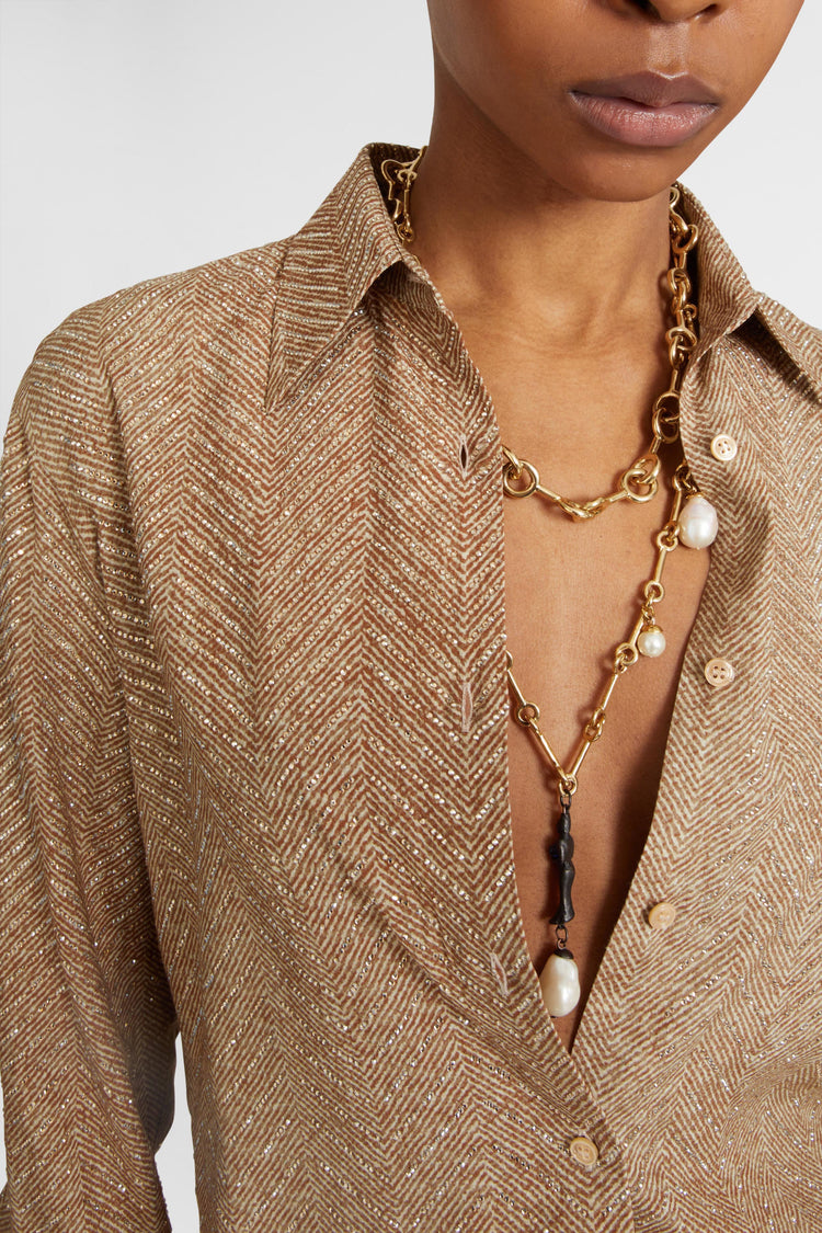 Viscose shirt with hand-applied crystals and a sigata pattern in shades of grey