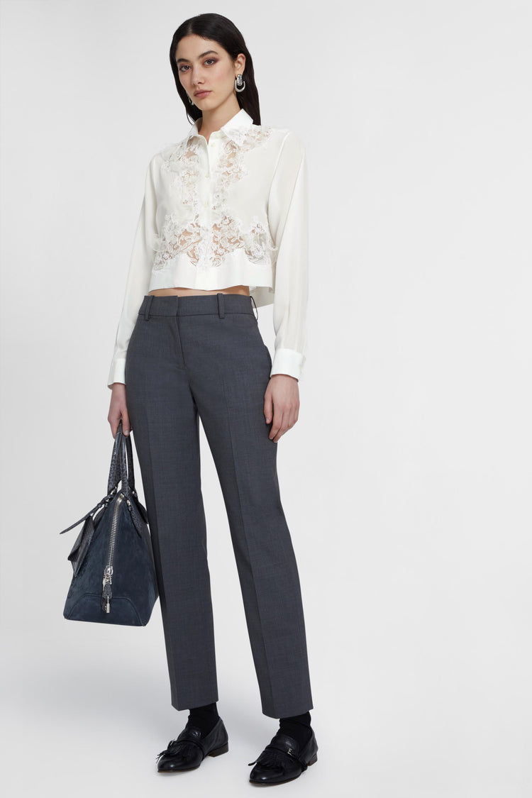 Stretch silk cropped shirt with embroidered lace