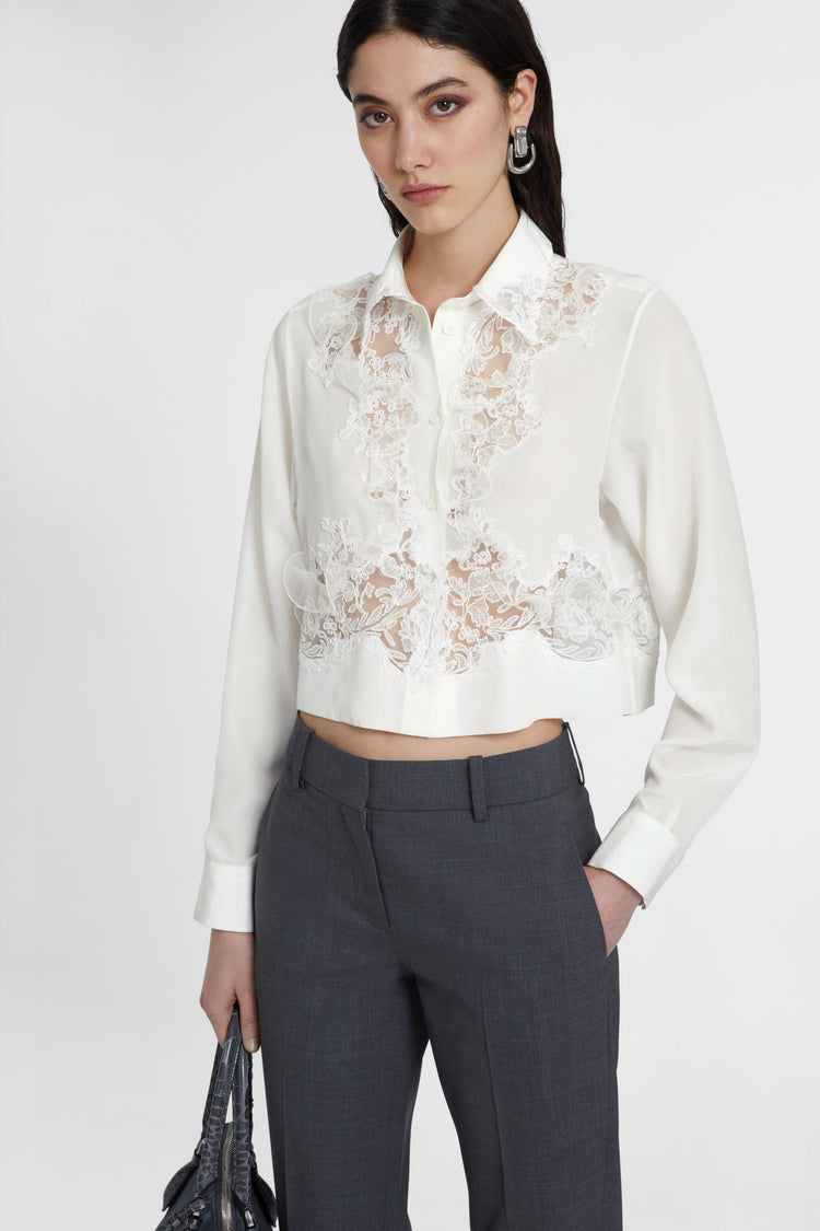 Stretch silk cropped shirt with embroidered lace