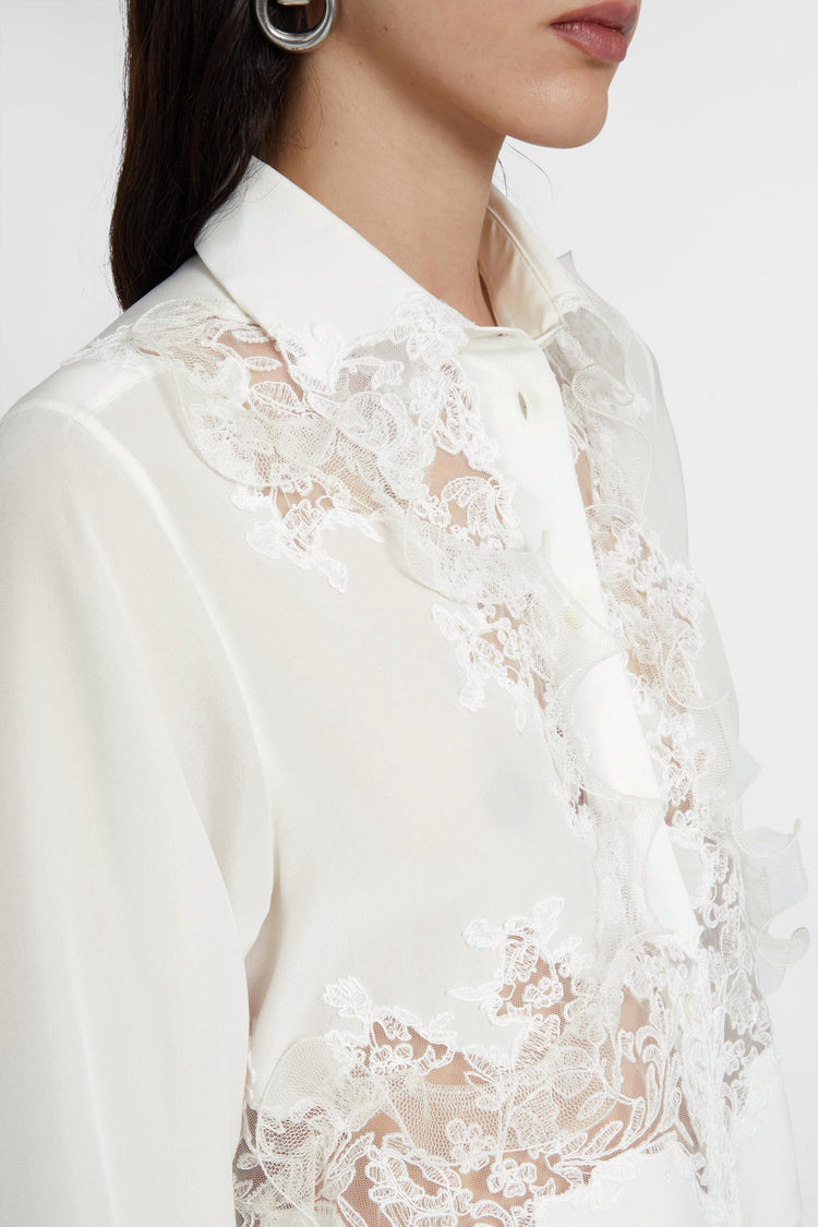 Stretch silk cropped shirt with embroidered lace