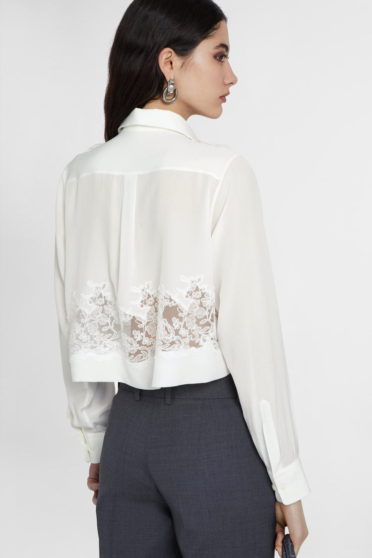 Stretch silk cropped shirt with embroidered lace