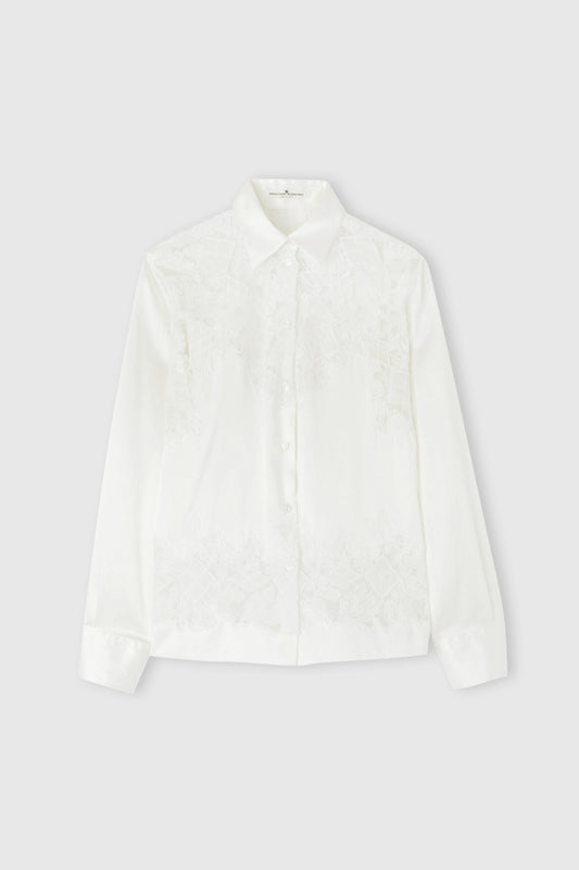 Chemise en soie extensible avec empiècement en dentelle brodée à la main