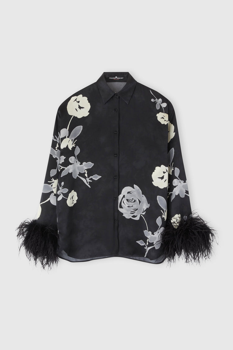Pure silk shirt with floral print and feather sleeves