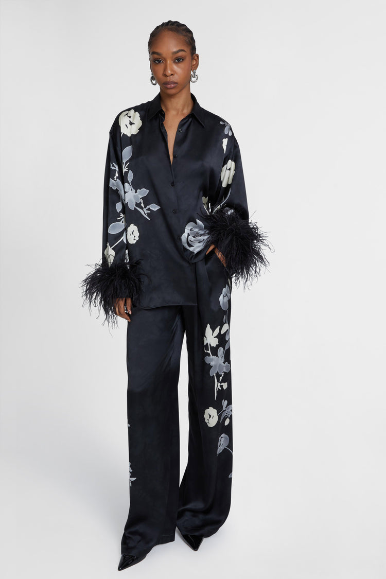 Pure silk shirt with floral print and feather sleeves