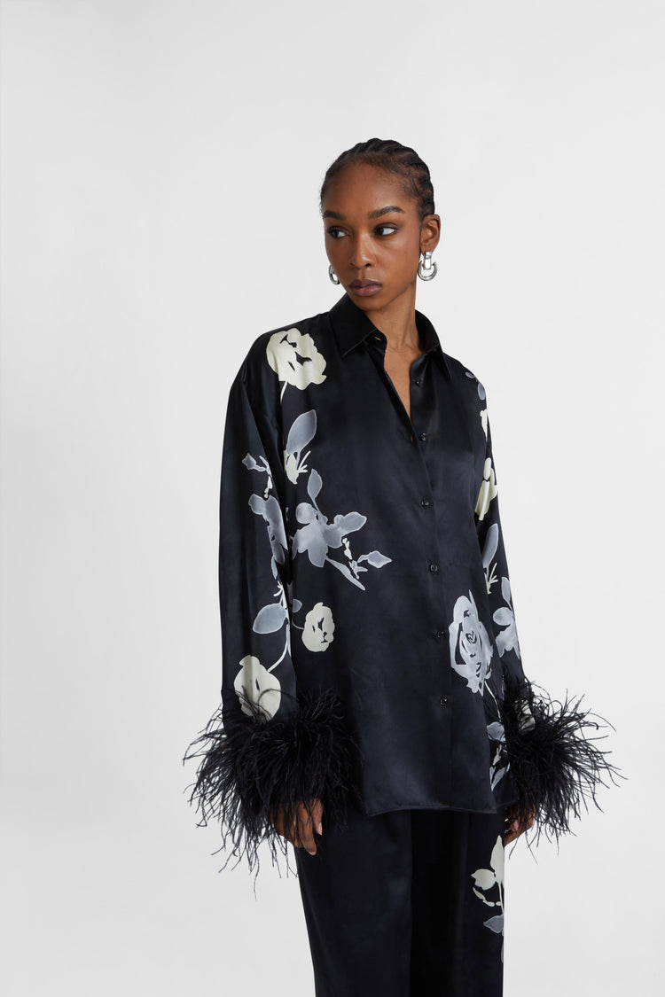 Pure silk shirt with floral print and feather sleeves