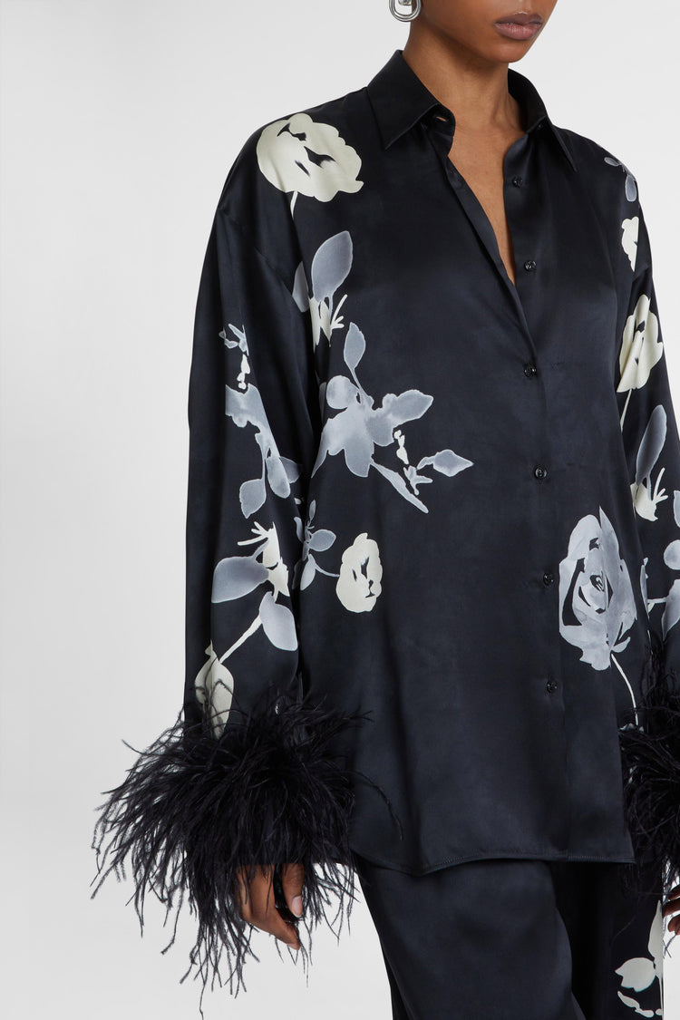 Pure silk shirt with floral print and feather sleeves