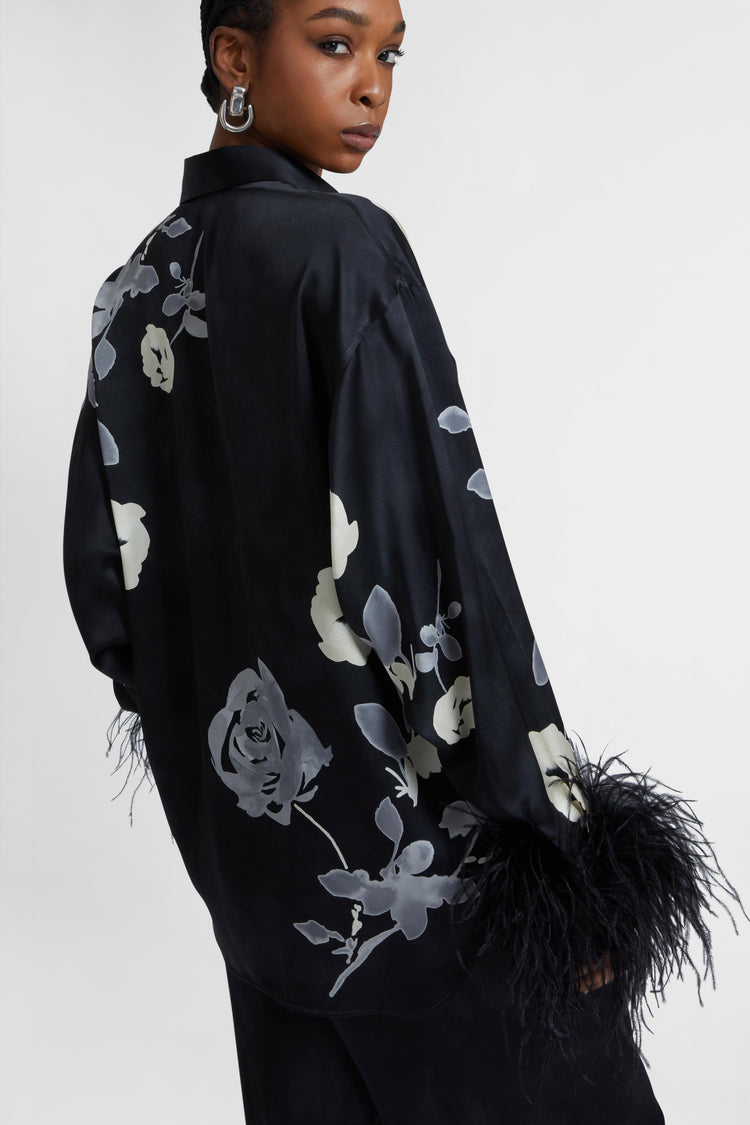 Pure silk shirt with floral print and feather sleeves