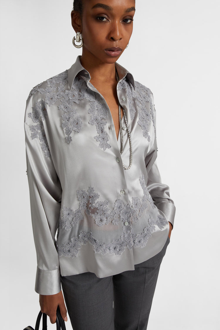 Silk shirt with rebrode lace
