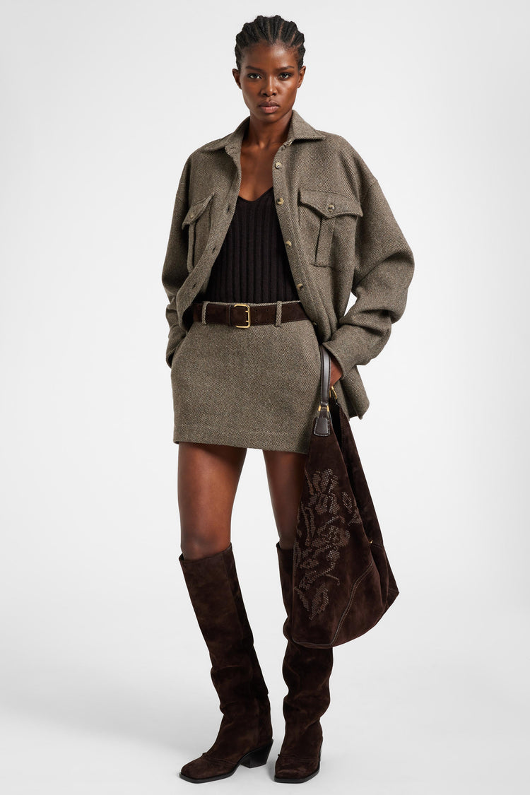 Oversize wool, silk and cashmere herringbone shirt