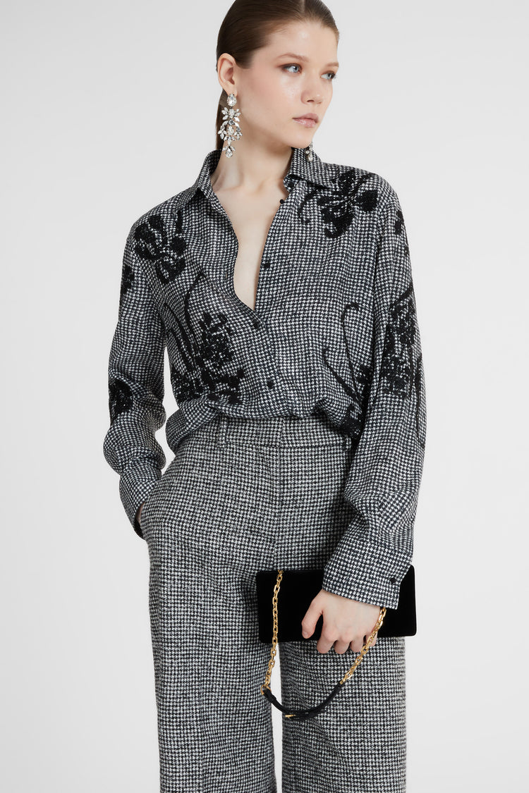 Pied de poule viscose shirt with lace inserts