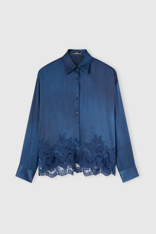 Pure silk shirt with jeans print and lace motif