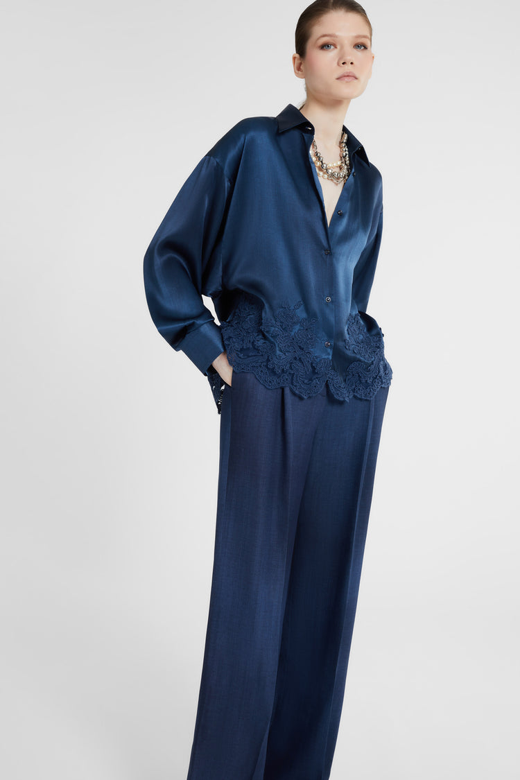 Pure silk shirt with jeans print and lace motif