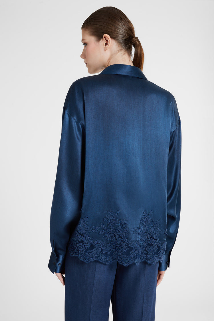 Pure silk shirt with jeans print and lace motif