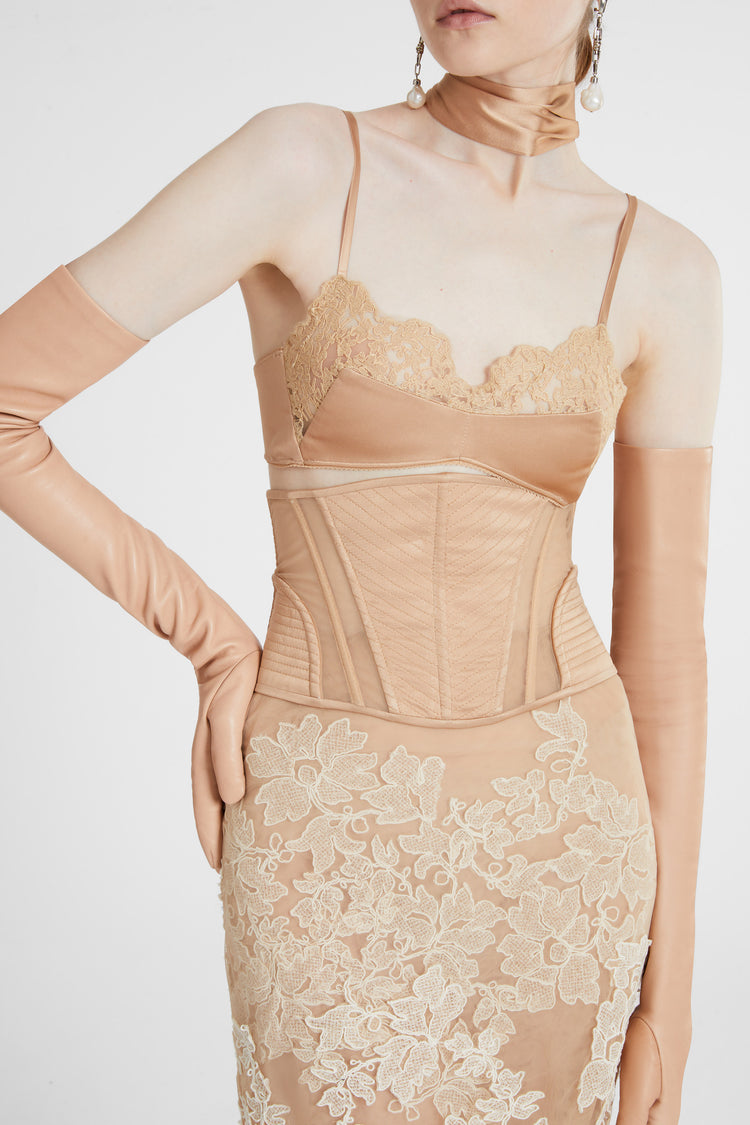 Silk satin and tulle corset