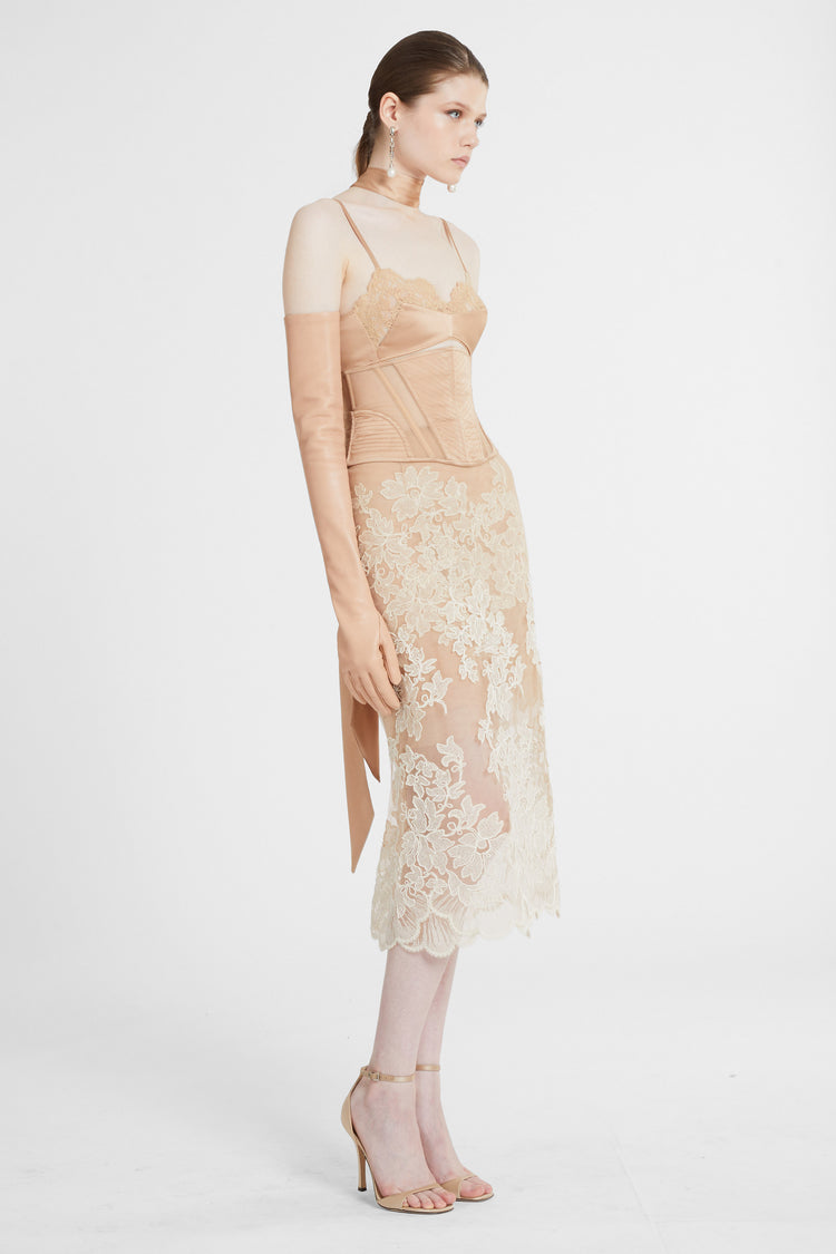 Unstructured silk satin bra with lace application